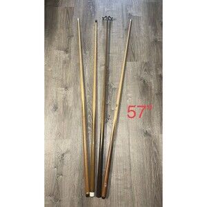 Set Of 4 Pool Cue Stick Piece Carved Wood Metal Rings Pattern W/bridge 57”